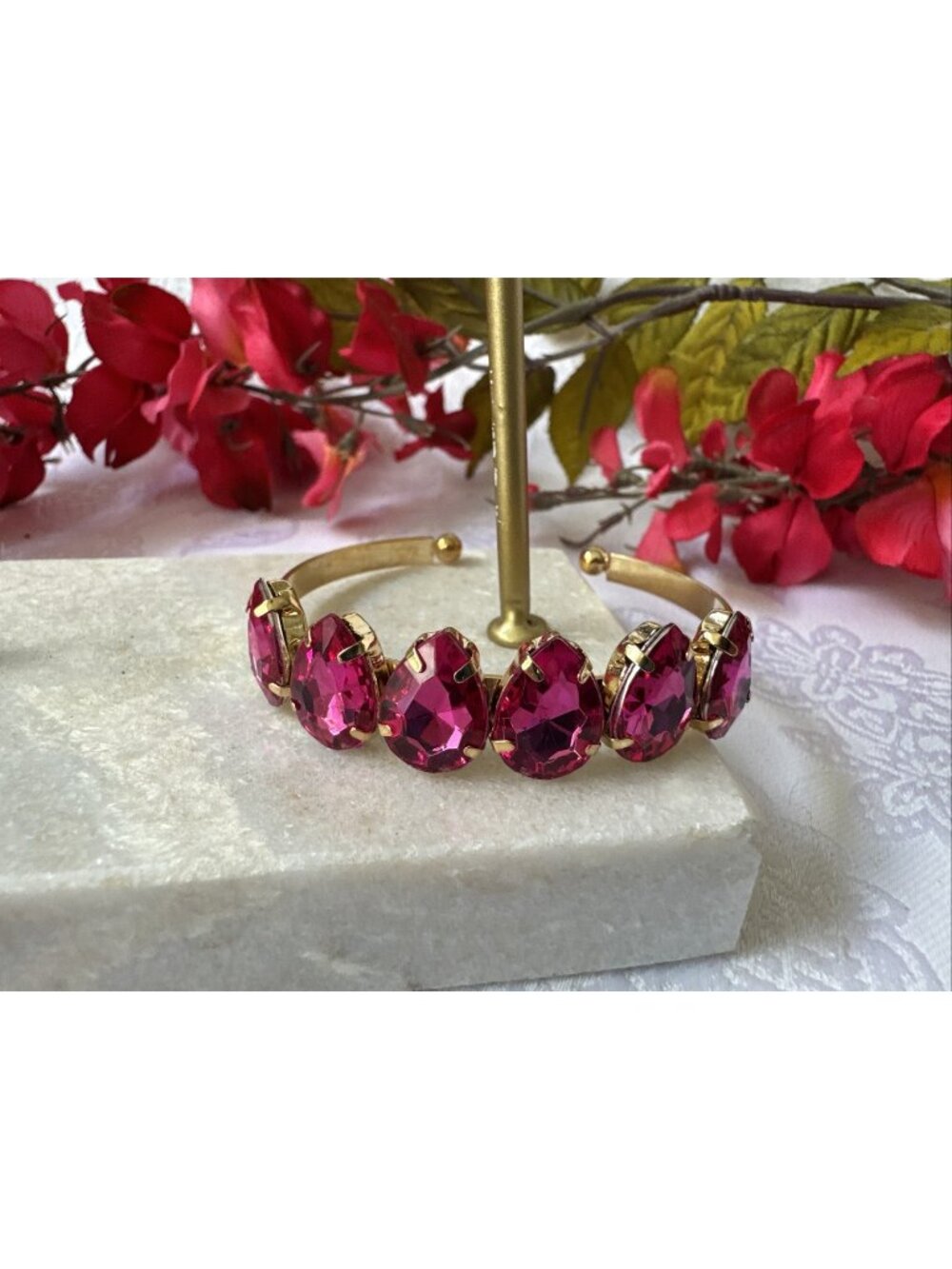 Pink Teardrop Faux Crystal Goldtone Rhinestone Cuff Bracelet Womens Party NEW